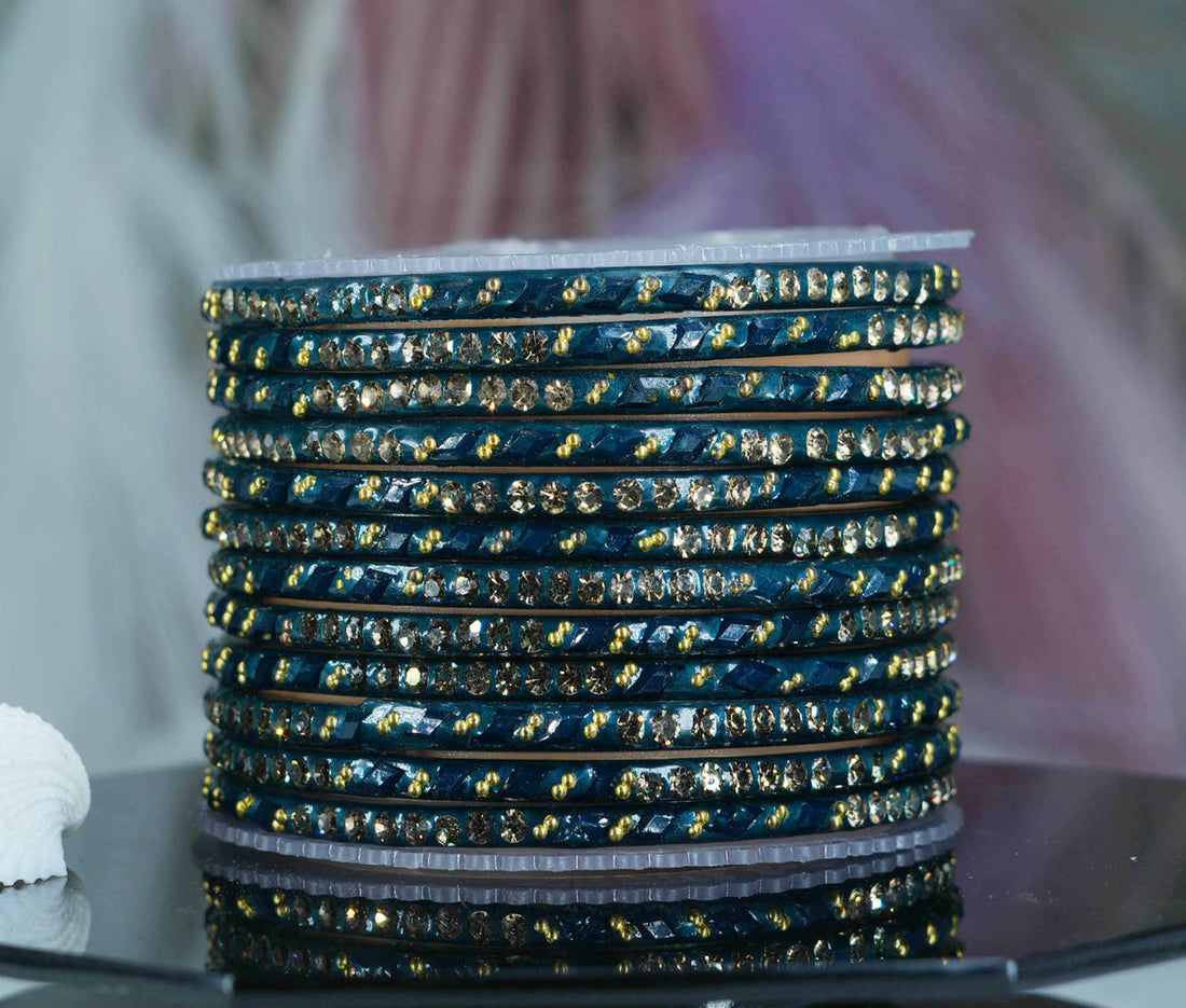 Glass Bangles with Gold Pearl Beads Studded for Women & Girls (Pack 12)
