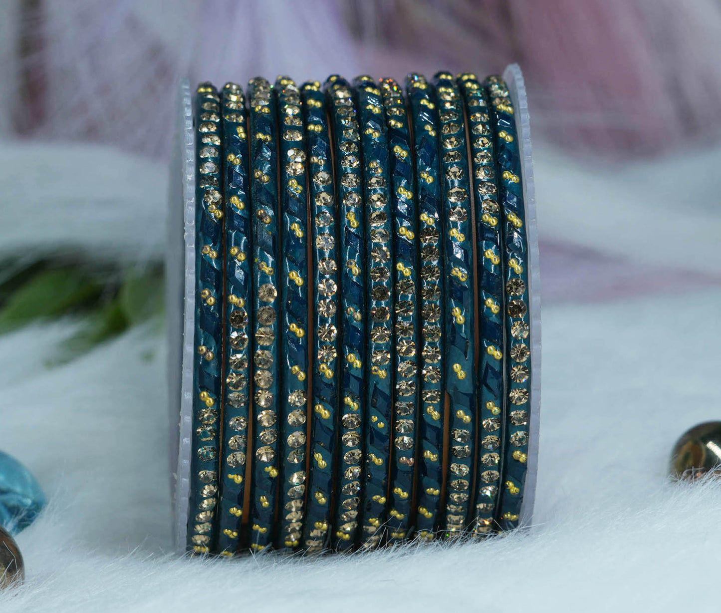 Glass Bangles with Gold Pearl Beads Studded for Women & Girls (Pack 12 Bangles)