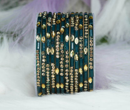 Multiple Color Glass Bangle with Stone Beads Work for Women & Girls (Pack 12 Bangles)