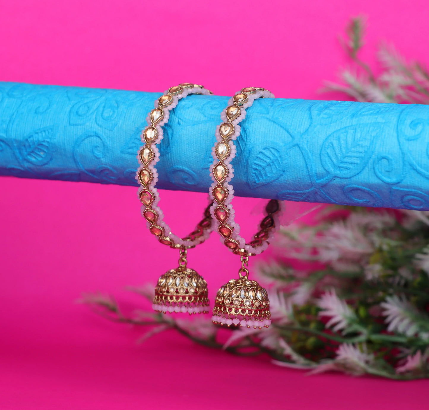 Traditional Kundan Studded Metal Kada with Jhumki for Women (Pack Of 2)