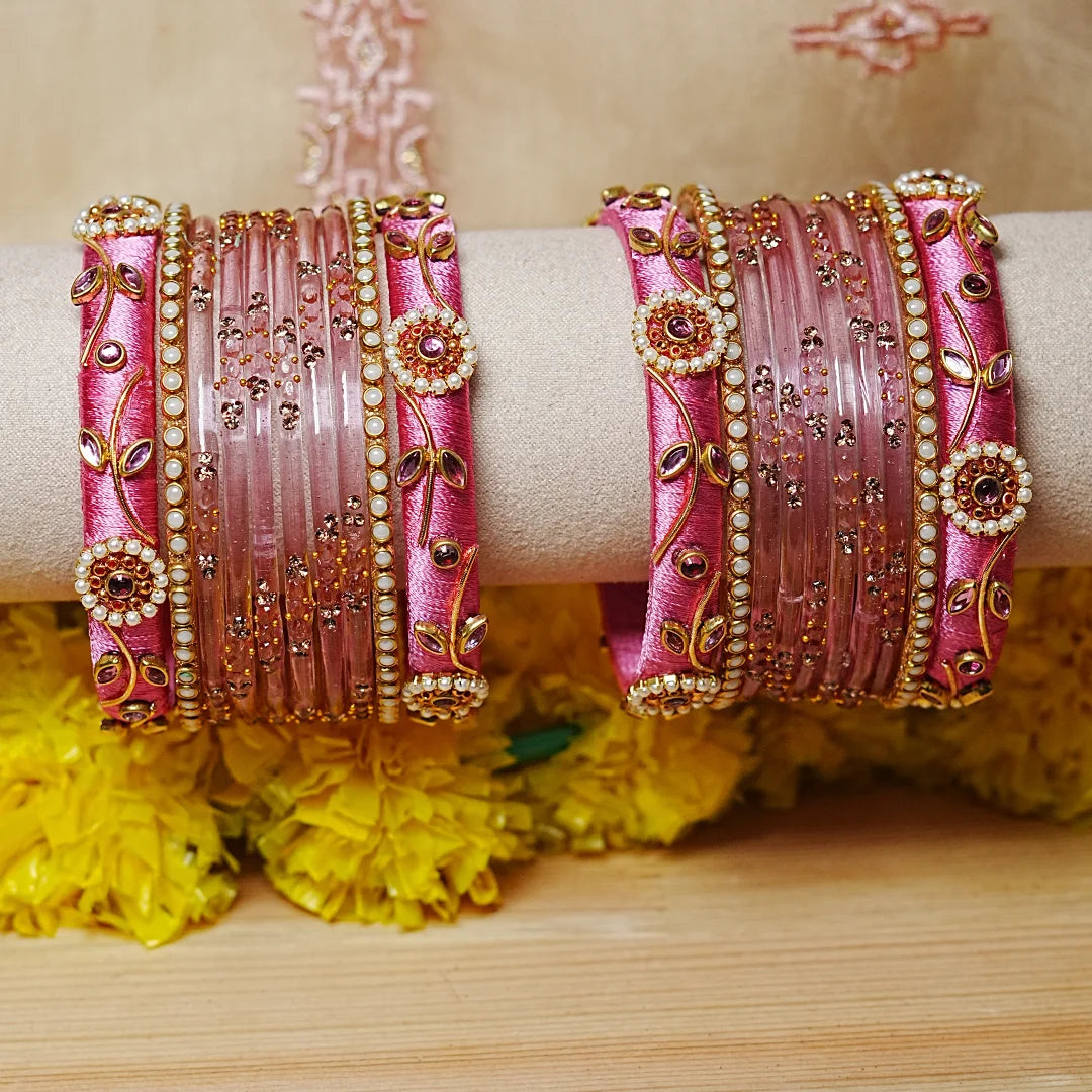 Traditional Thread Work Mini Glass Bangles Set for Women (Both Hands)