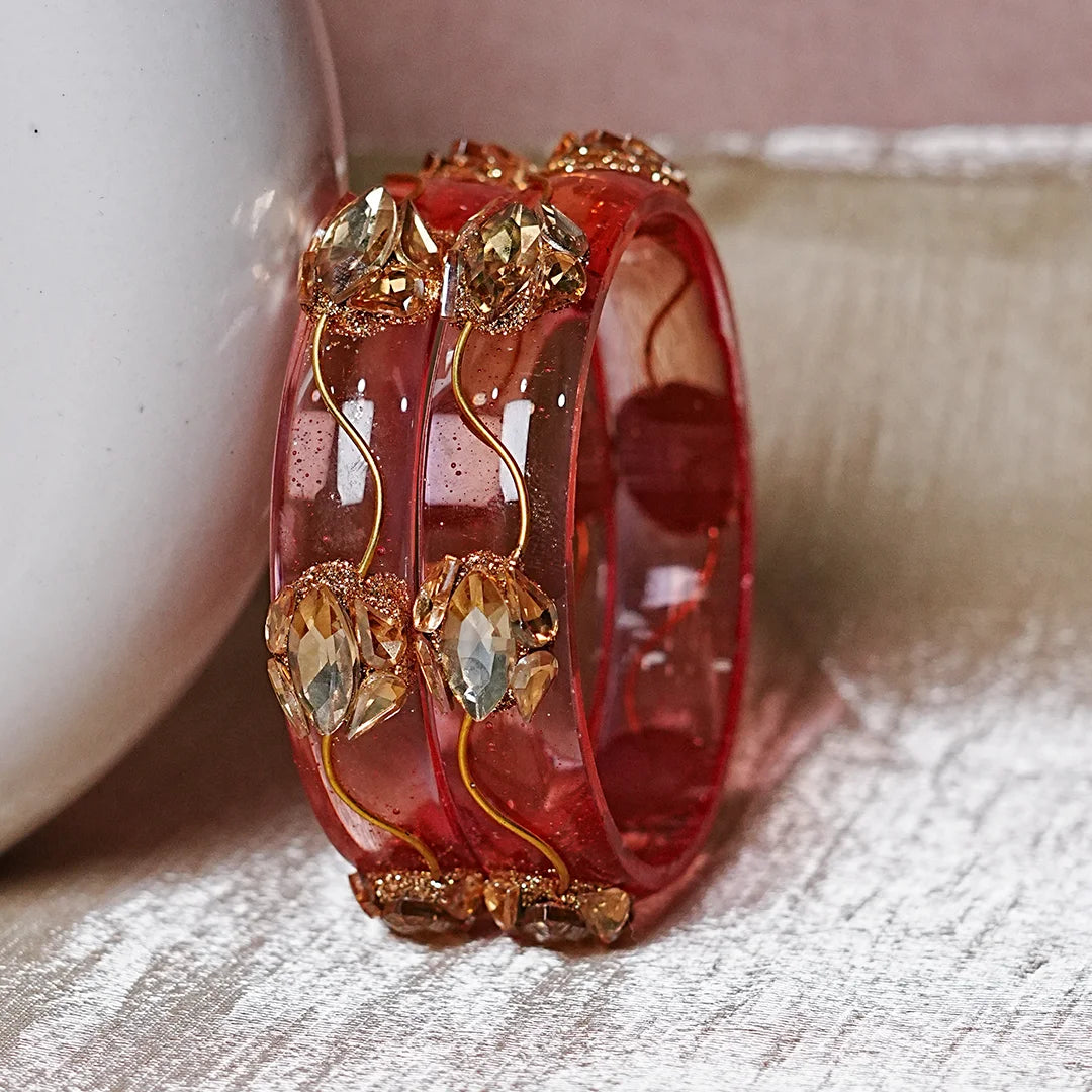 Traditional Flower Design Kundan Work Glass Kada for Women & Girls (Pack of 2)