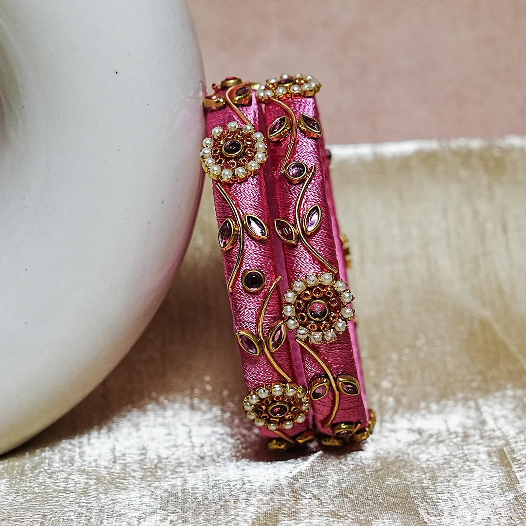 Designer Thread Work Kundan Leaf Style Kada Bangle for Women & Girls (Pack of 2)