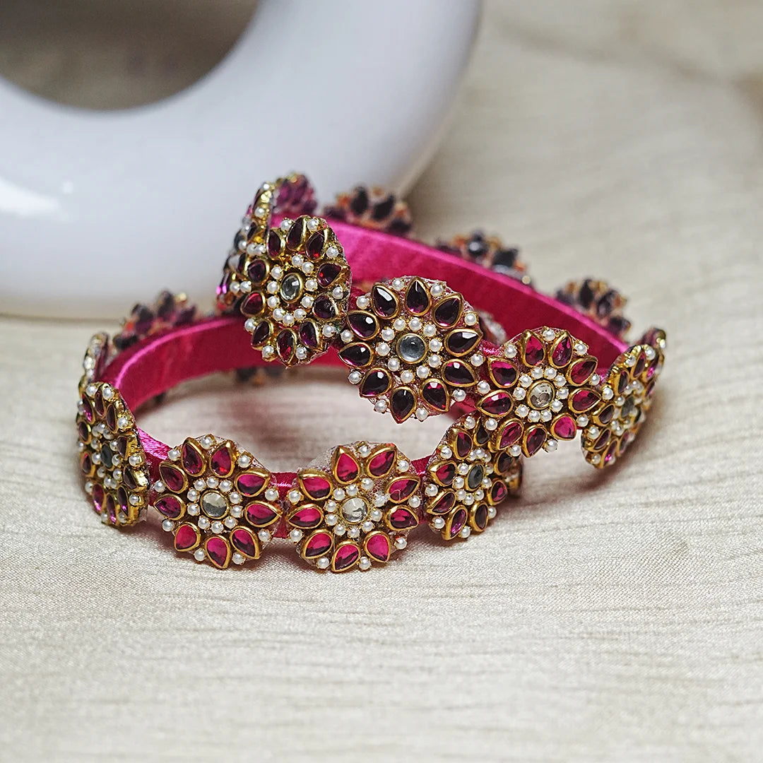 Premium Kundan Work Floral Thread Kada Bangle for Women & Girls (Pack of 2)