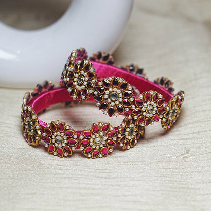 Premium Kundan Work Floral Thread Kada Bangle for Women & Girls (Pack of 2)