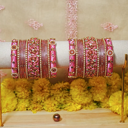 Traditional Handmade Thread Work Glass Bangles Set for Women (Both Hands)