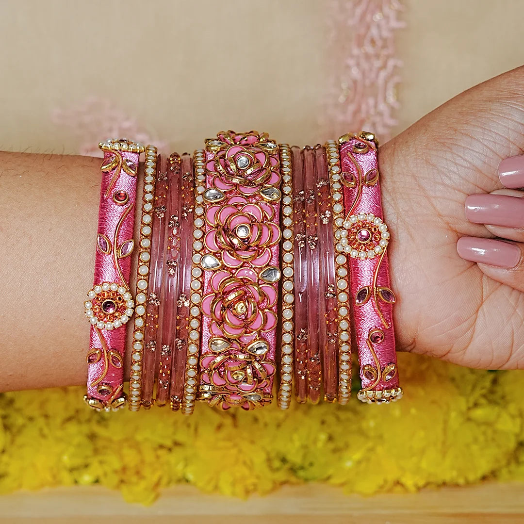 Traditional Handmade Thread Work Glass Bangles Set for Women (Both Hands)