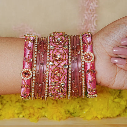 Traditional Handmade Thread Work Glass Bangles Set for Women (Both Hands)