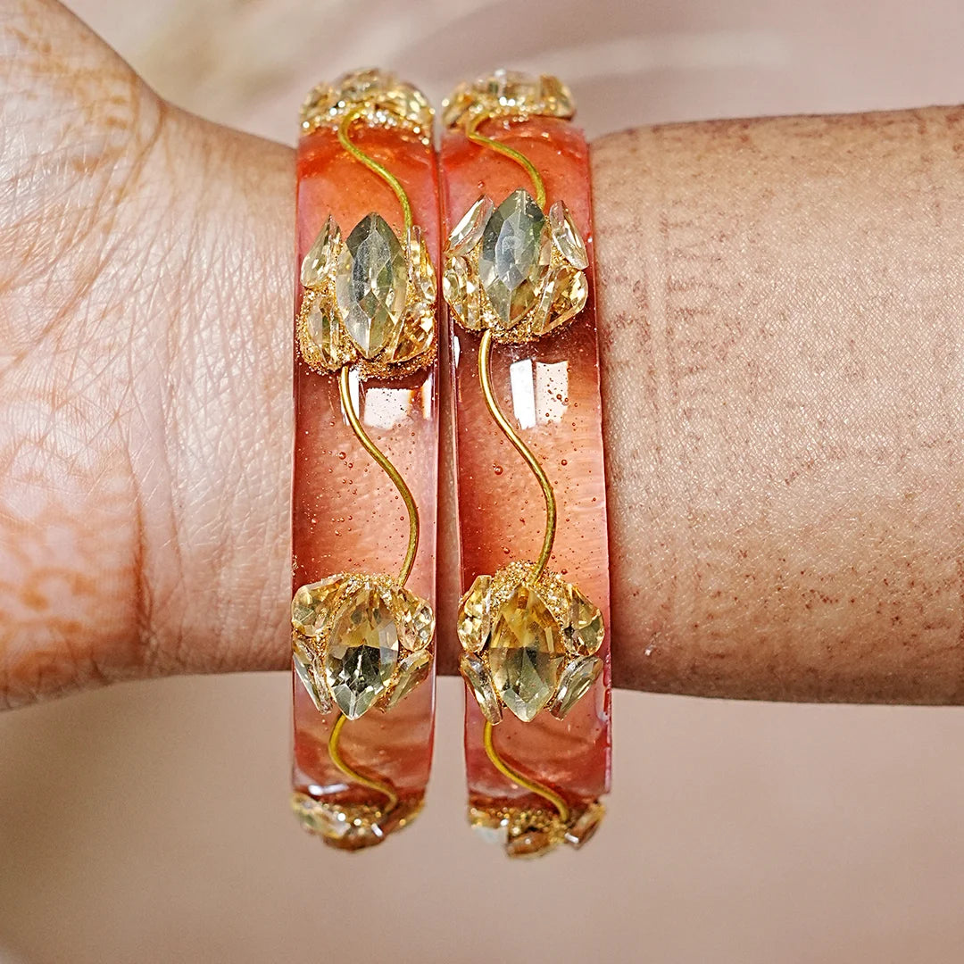 Traditional Flower Design Kundan Work Glass Kada for Women & Girls (Pack of 2)