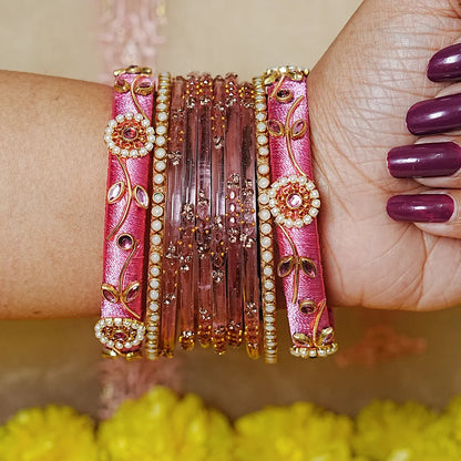 Traditional Thread Work Mini Glass Bangles Set for Women (Both Hands)