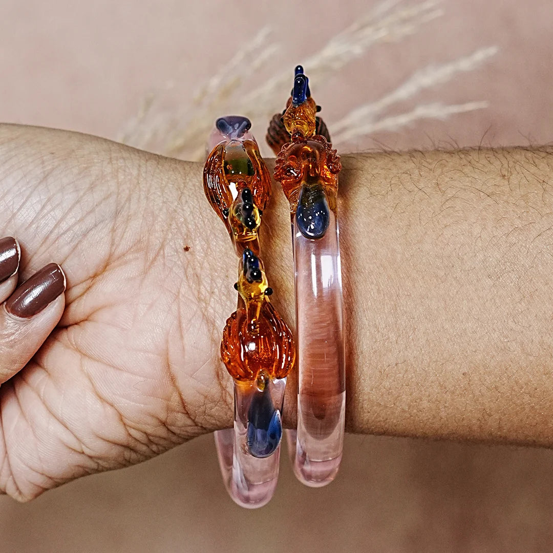 Traditional Peacock Design Glass Kada Bangle for Women & Girls (Pack of 2)