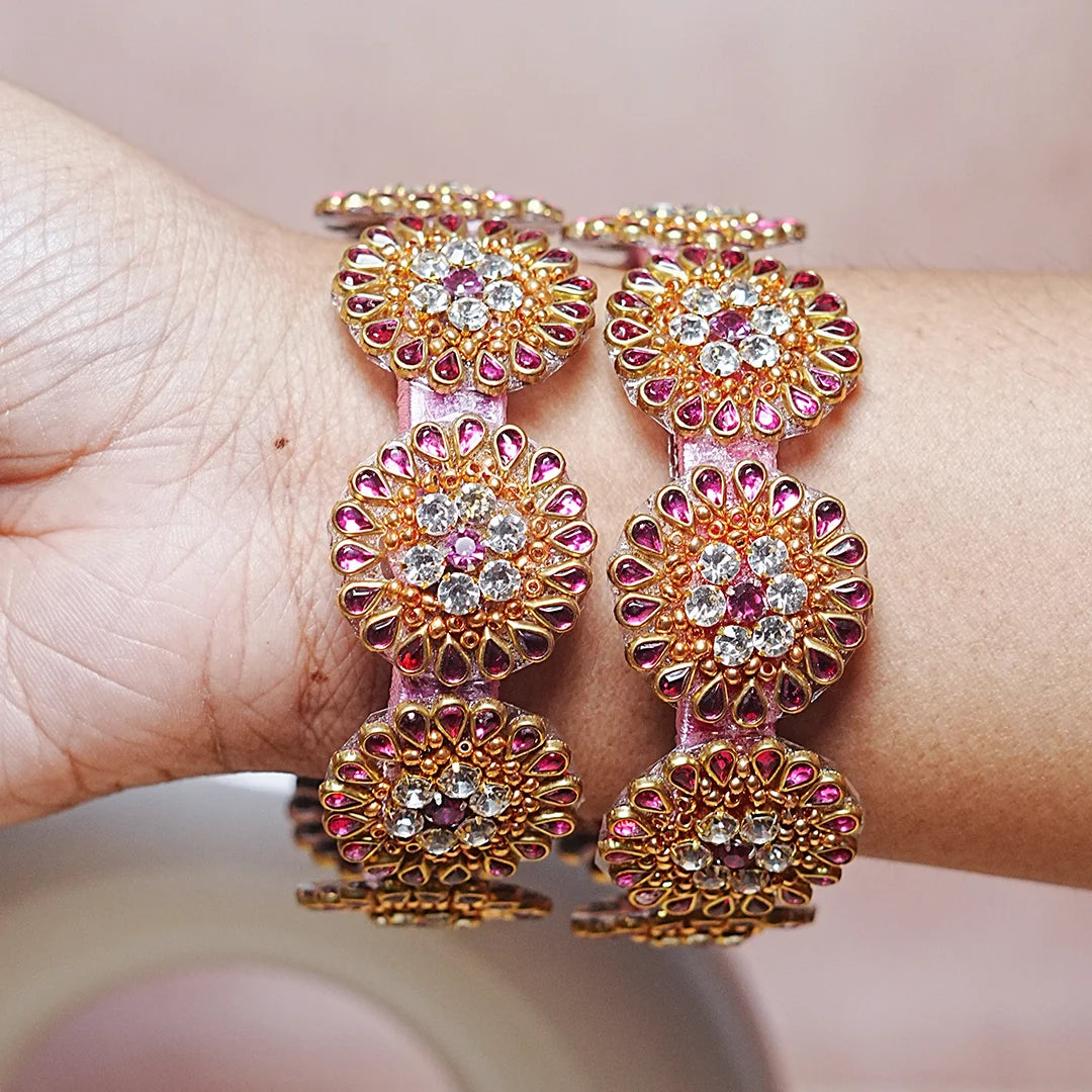 Premium Kundan Work Floral Thread Kada Bangle for Women & Girls (Pack of 2)