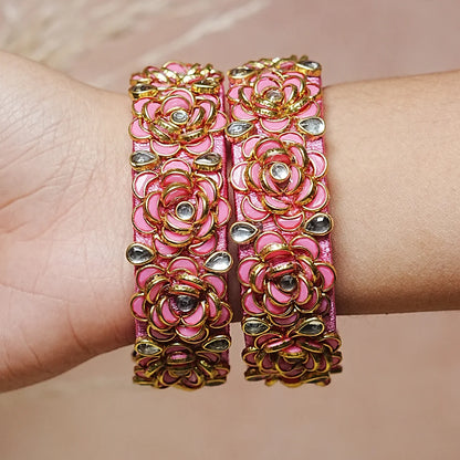 Handmade Thread Kada Bangle with Rose Motif and Kundan Work for Women & Girls (Pack of 2)