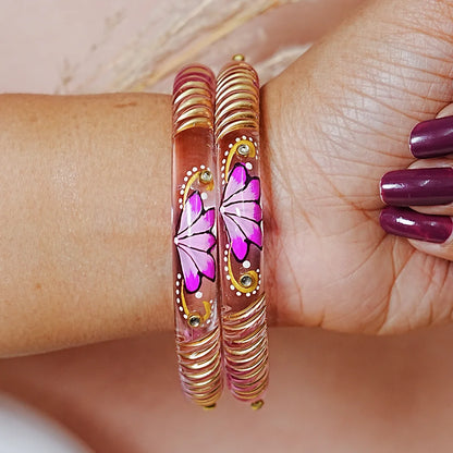 Handcrafted Lotus Printed Pattern Glass Kada for Women (Pack of 2)