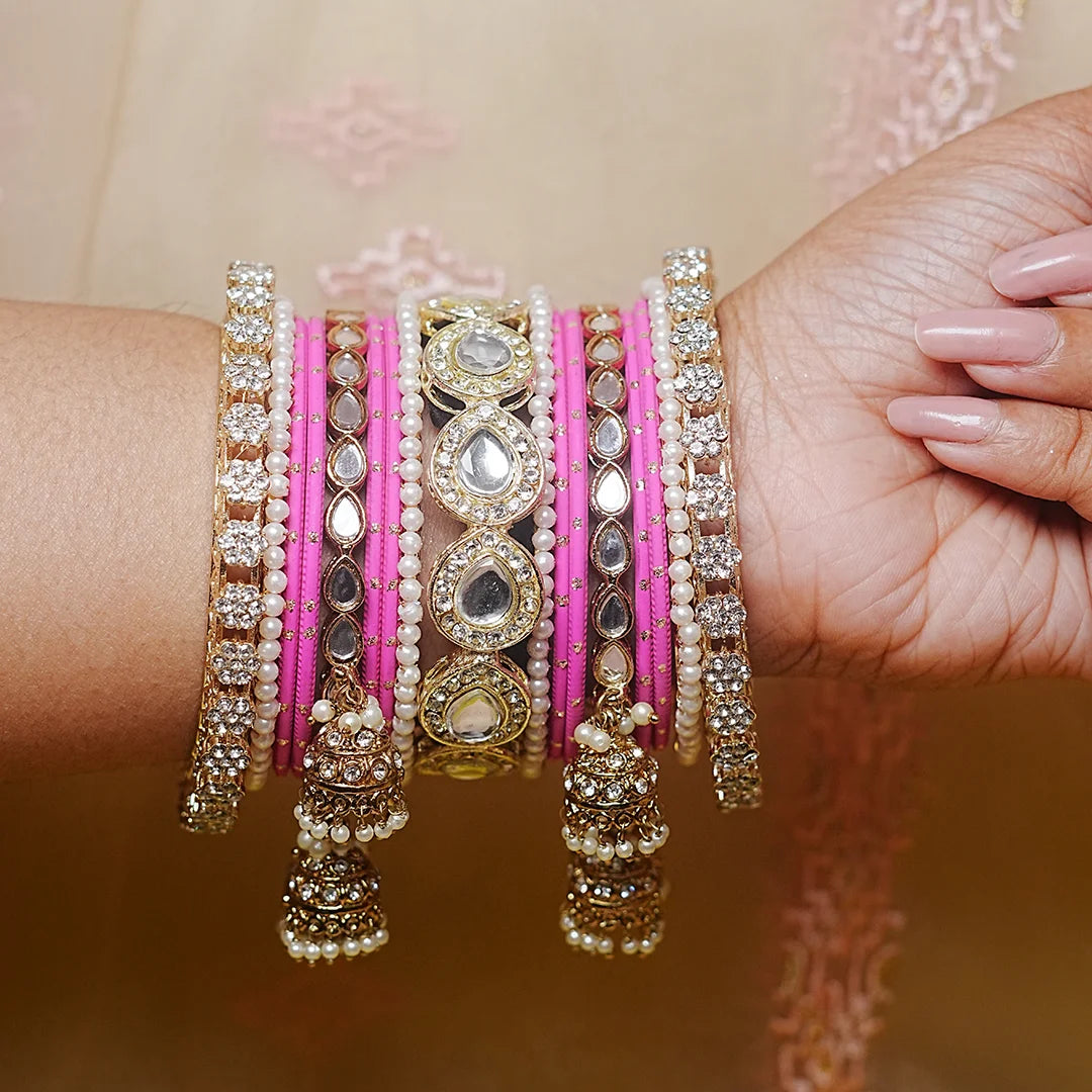 Traditional Bangles Set for Women & Girls | Kundan Work with Jhumki Latkan Kada