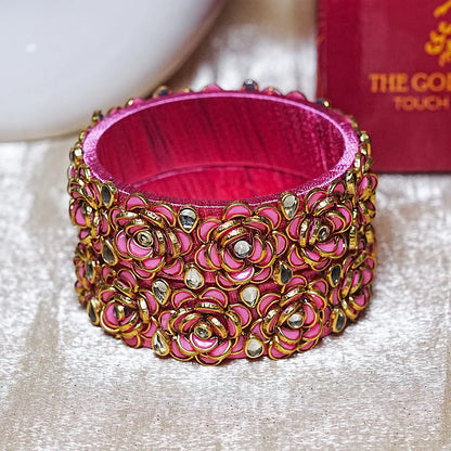 Handmade Thread Kada Bangle with Rose Motif and Kundan Work for Women & Girls (Pack of 2)