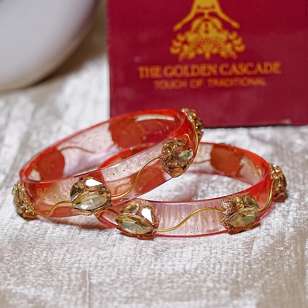 Traditional Flower Design Kundan Work Glass Kada for Women & Girls (Pack of 2)