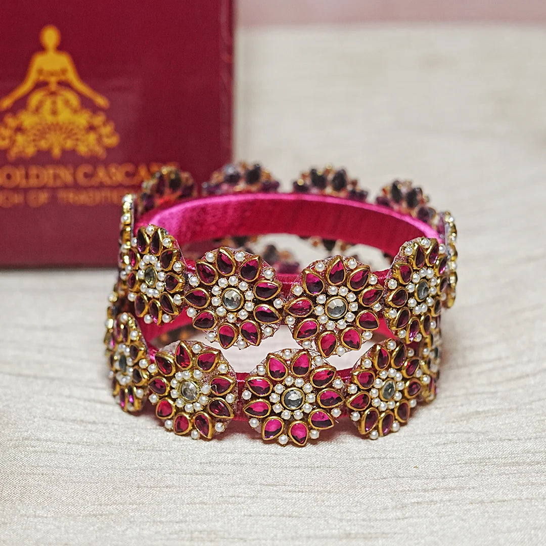 Premium Kundan Work Floral Thread Kada Bangle for Women & Girls (Pack of 2)