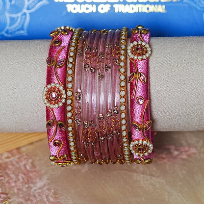 Traditional Thread Work Mini Glass Bangles Set for Women (Both Hands)