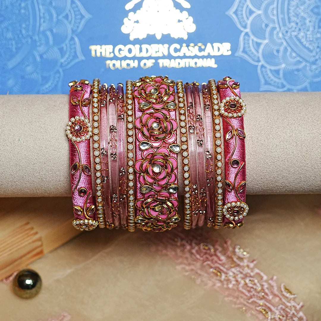Traditional Handmade Thread Work Glass Bangles Set for Women (Both Hands)