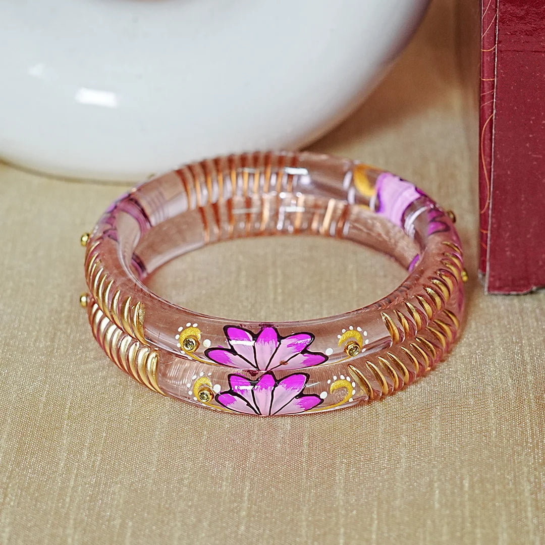 Handcrafted Lotus Printed Pattern Glass Kada for Women (Pack of 2)