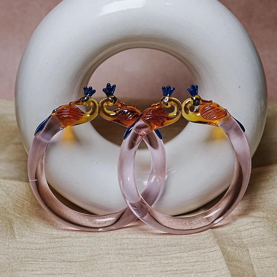 Traditional Peacock Design Glass Kada Bangle for Women & Girls (Pack of 2)