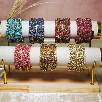 Handmade Thread Kada Bangle with Rose Motif and Kundan Work for Women & Girls (Pack of 2)