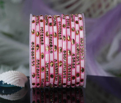 Multiple Color Glass Bangle with Stone Beads Work for Women & Girls (Pack 12 Bangles)