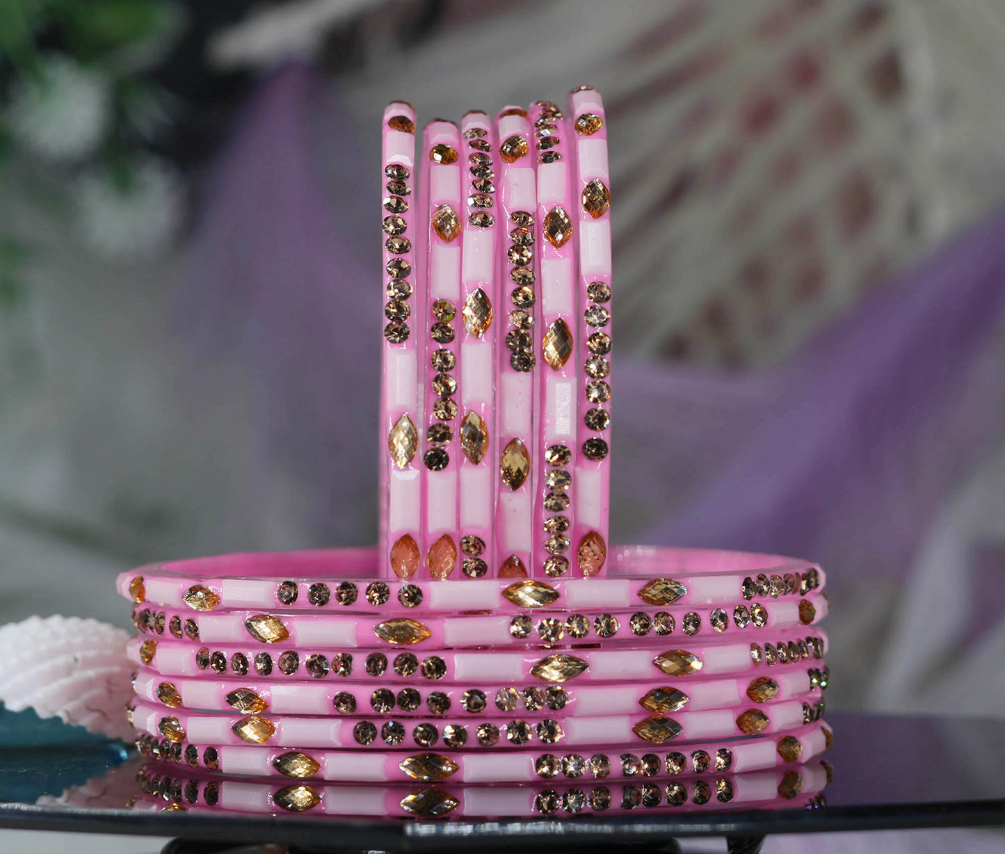 Multiple Color Glass Bangle with Stone Beads Work for Women & Girls (Pack 12 Bangles)