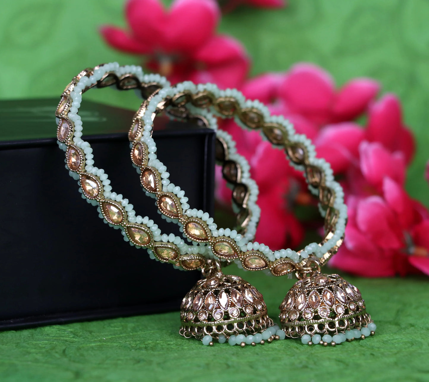 Traditional Kundan Studded Metal Kada with Jhumki for Women (Pack Of 2)