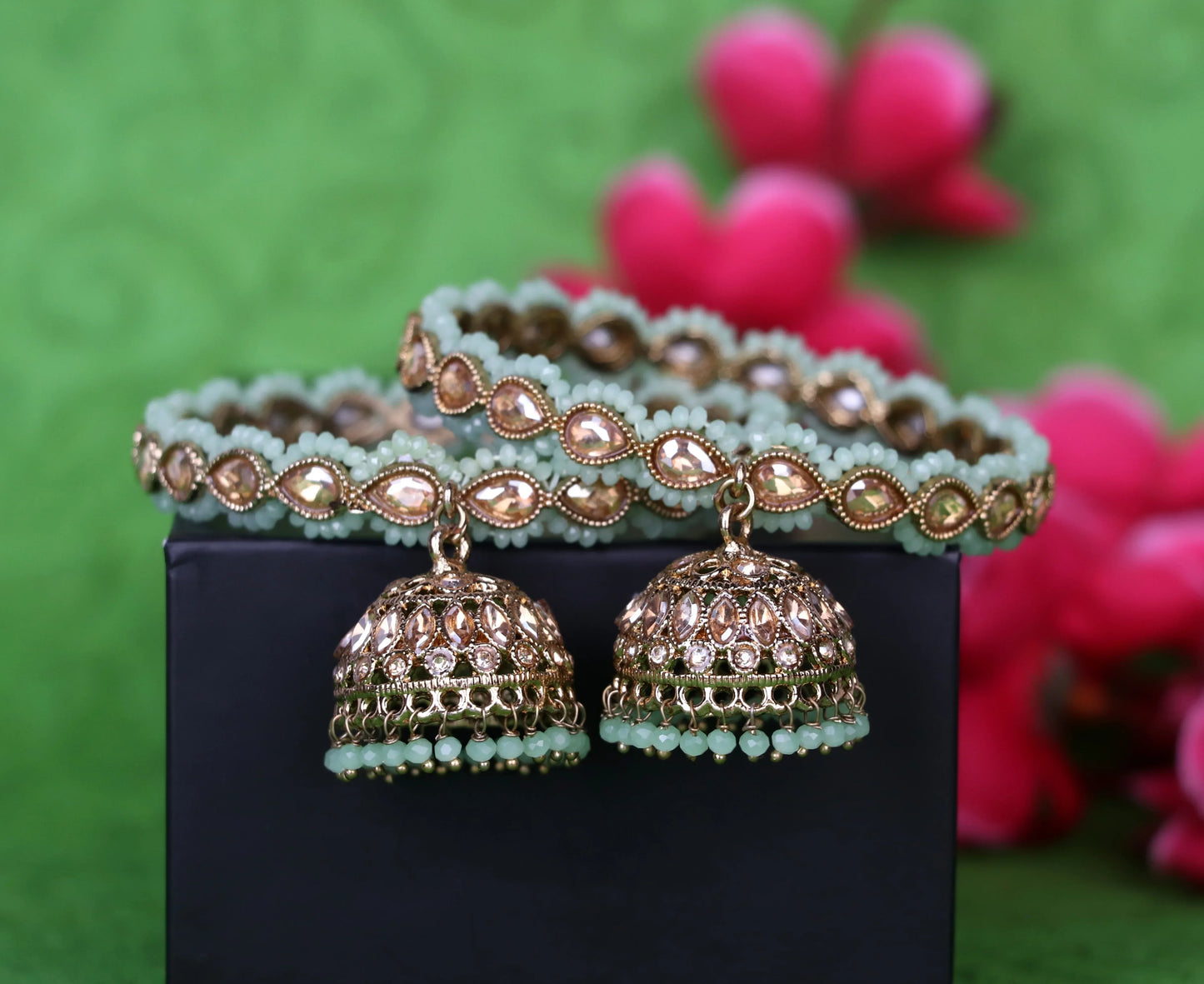 Traditional Kundan Studded Metal Kada with Jhumki for Women (Pack Of 2)