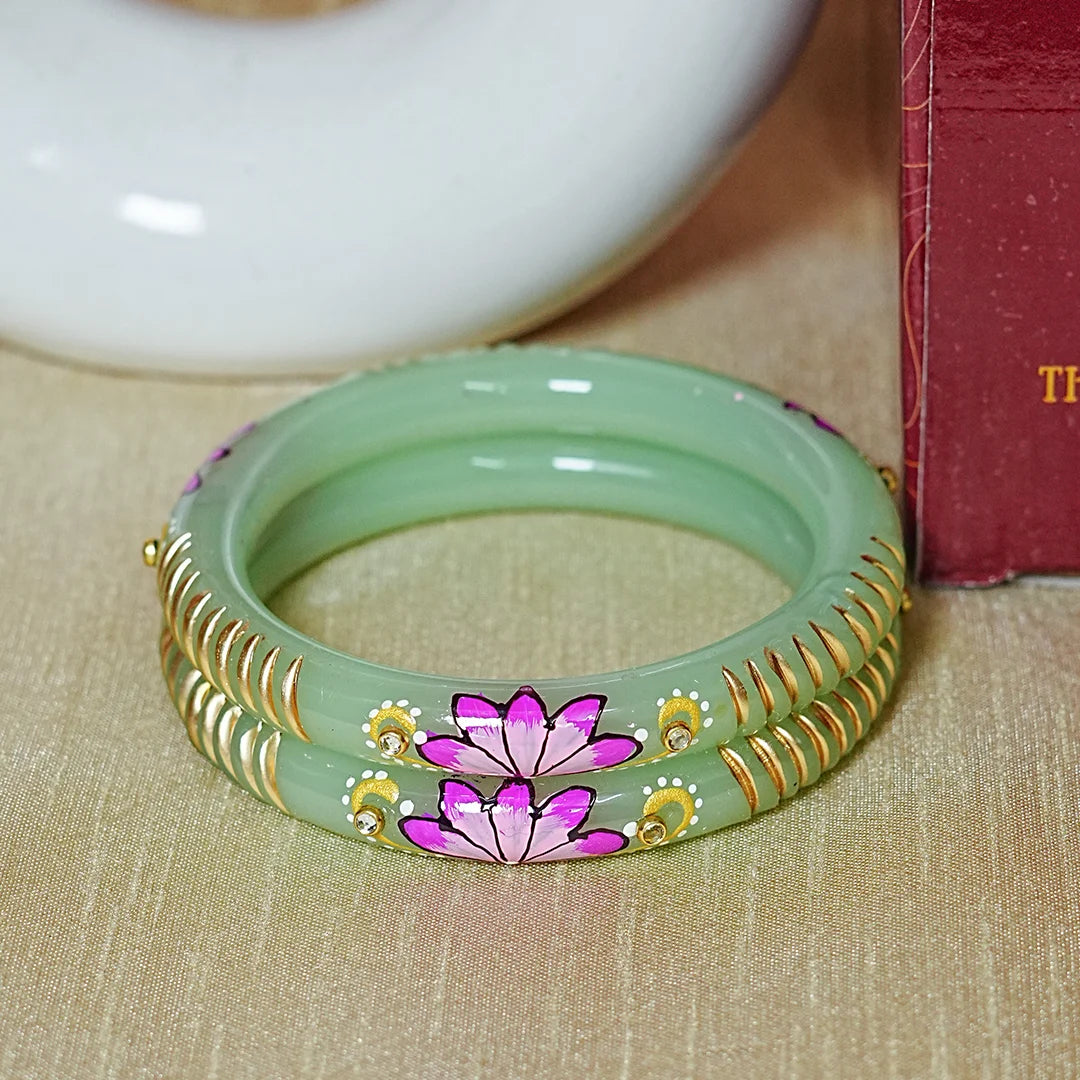 Handcrafted Lotus Printed Pattern Glass Kada for Women (Pack of 2)