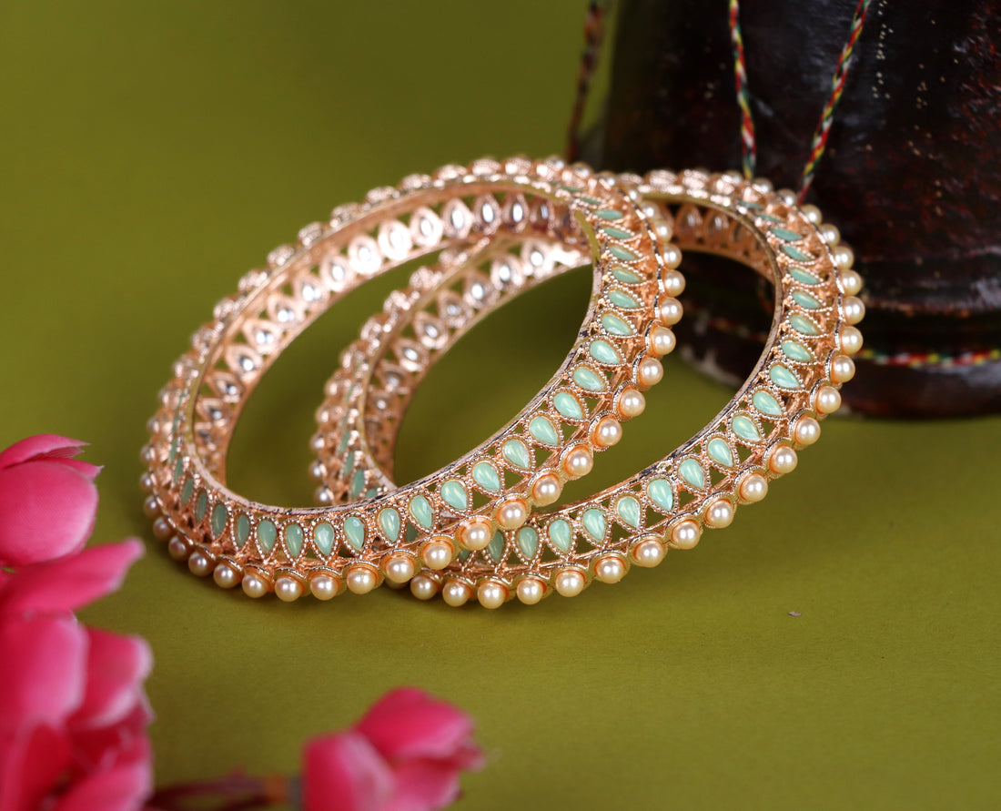 Multiple Color Metal Kada with Rose Gold Plated Pearl & Kundan Studded | Traditional Indian Jewelry for Women & Girls