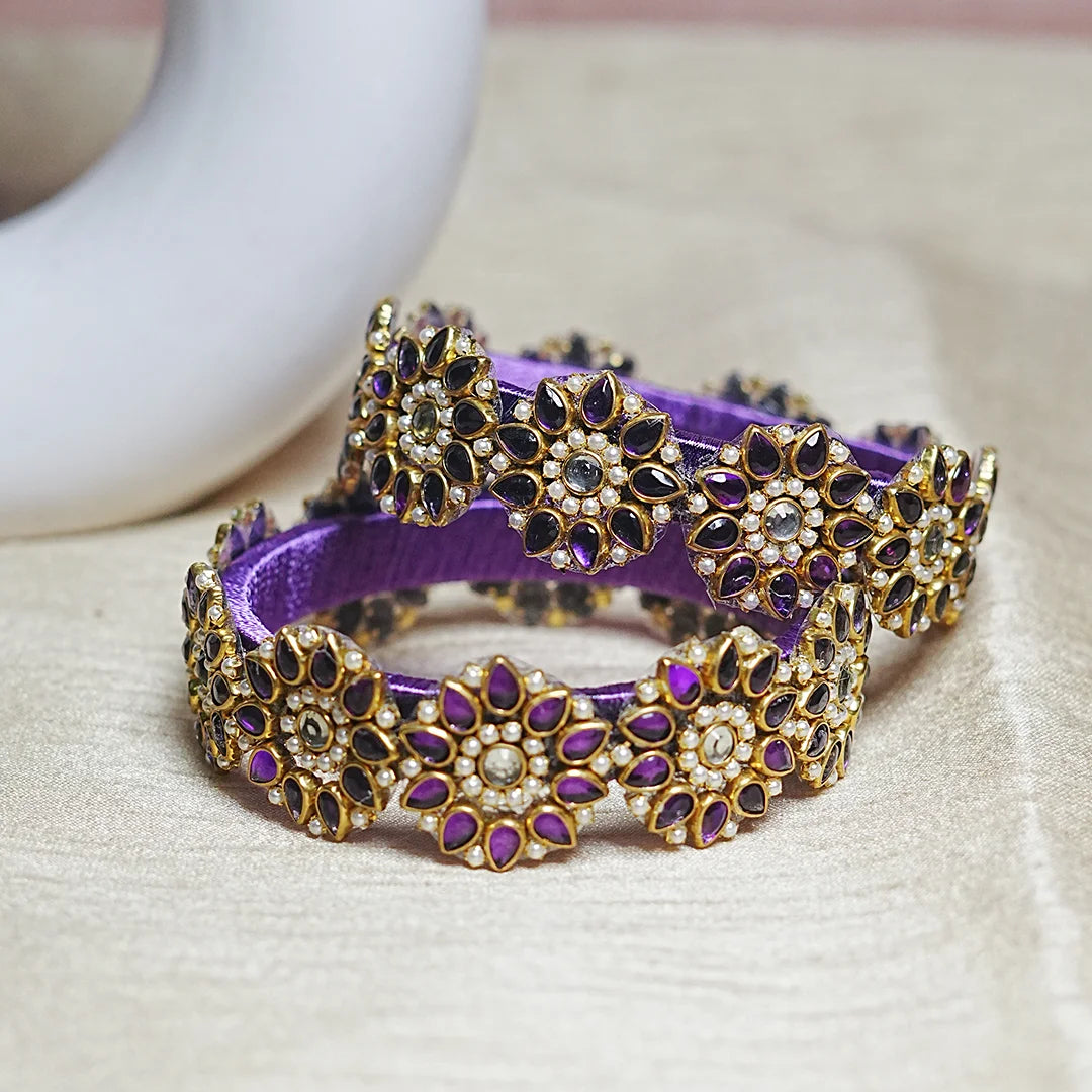 Premium Kundan Work Floral Thread Kada Bangle for Women & Girls (Pack of 2)
