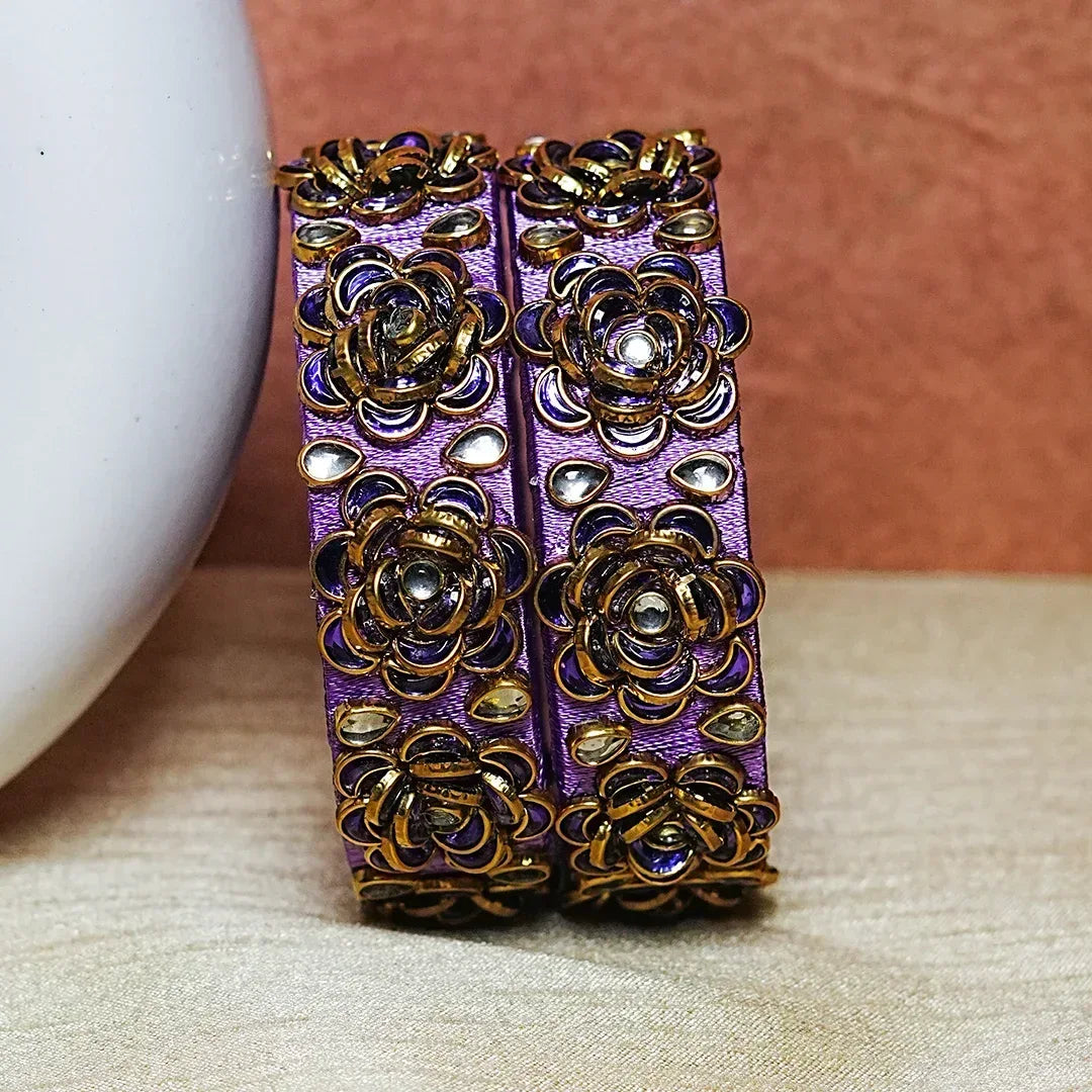 Handmade Thread Kada Bangle with Rose Motif and Kundan Work for Women & Girls (Pack of 2) - The Golden Cascade