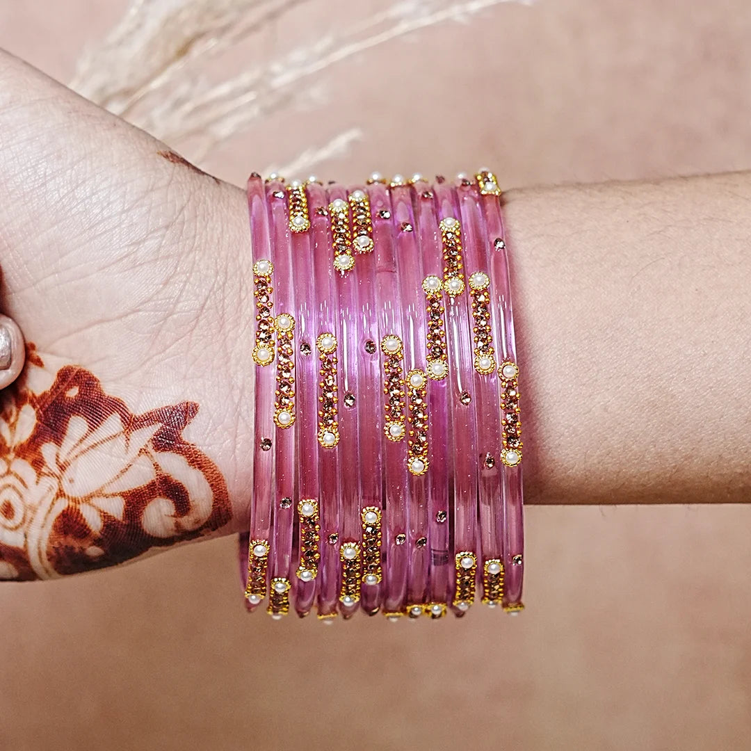 Premium Glass Bangles for Women | Zircon & Beads Work | Glossy Finish (Pack of 12)