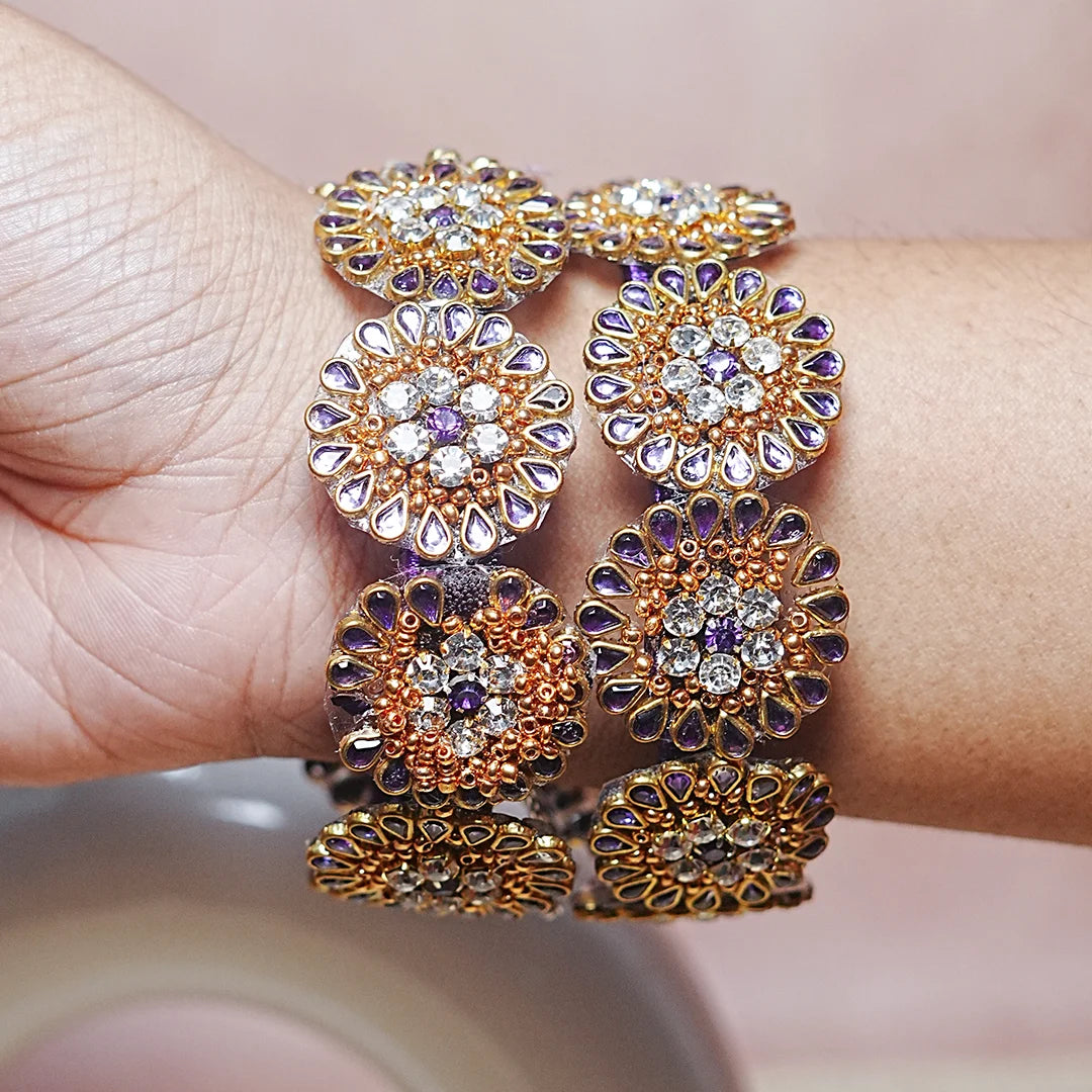 Premium Kundan Work Floral Thread Kada Bangle for Women & Girls (Pack of 2)