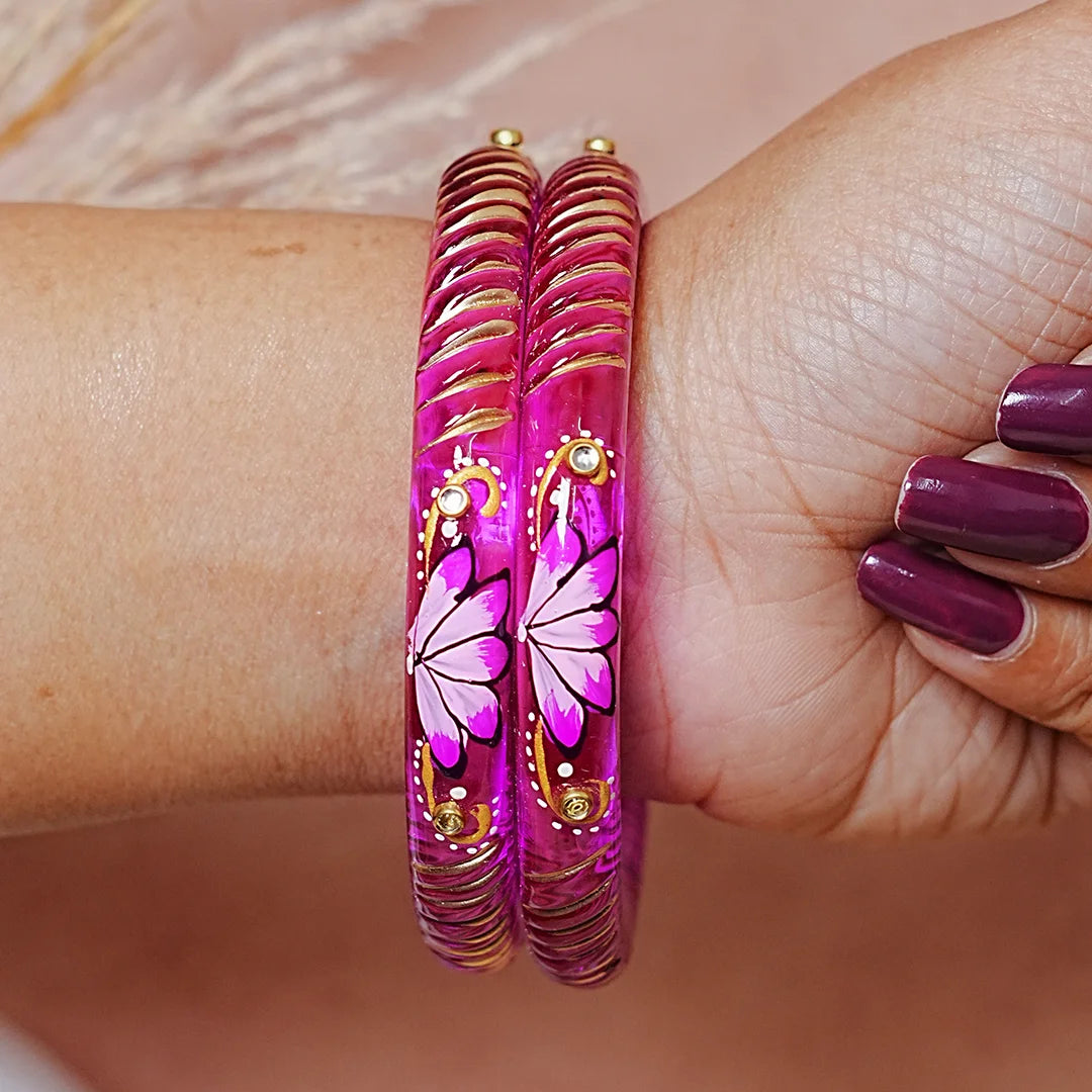 Handcrafted Lotus Printed Pattern Glass Kada for Women (Pack of 2)