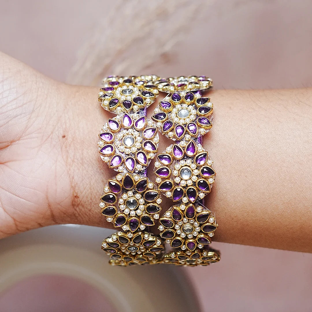 Premium Kundan Work Floral Thread Kada Bangle for Women & Girls (Pack of 2)