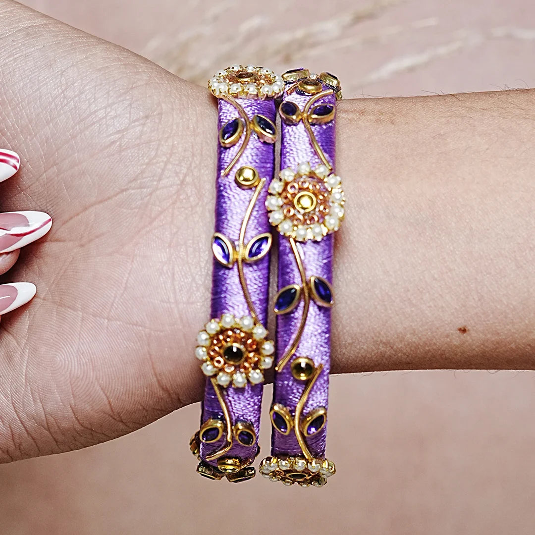 Designer Thread Work Kundan Leaf Style Kada Bangle for Women & Girls (Pack of 2)