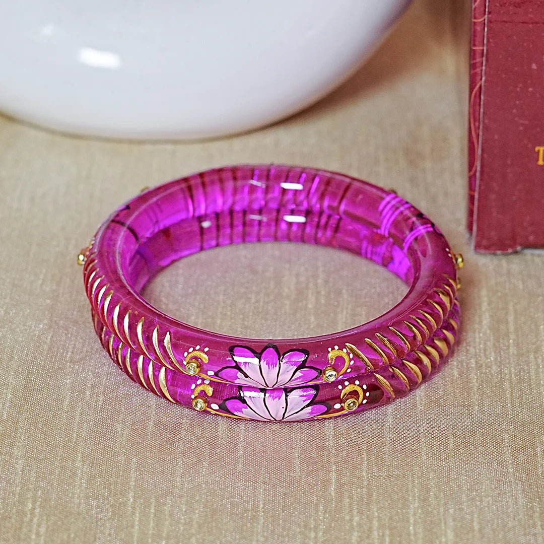 Handcrafted Lotus Printed Pattern Glass Kada for Women (Pack of 2)