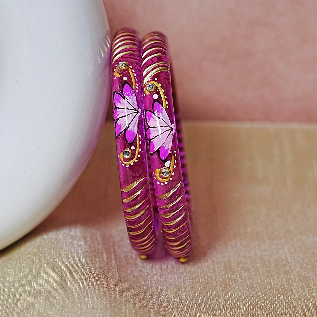Handcrafted Lotus Printed Pattern Glass Kada for Women (Pack of 2)