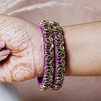 Handcrafted Silk Thread Kada Bangles with Lotus Motif for Women & Girls (Pack of 2)