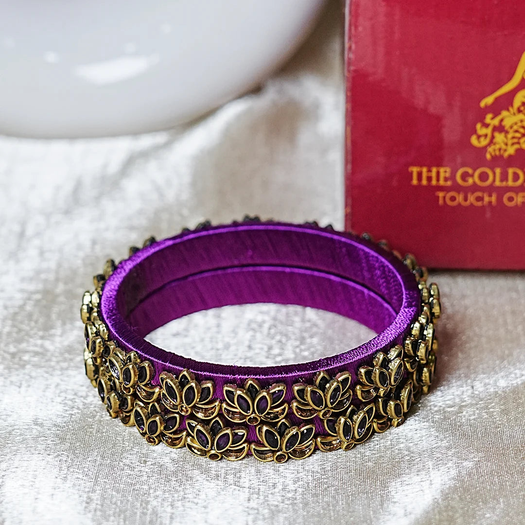 Handcrafted Silk Thread Kada Bangles with Lotus Motif for Women & Girls (Pack of 2)