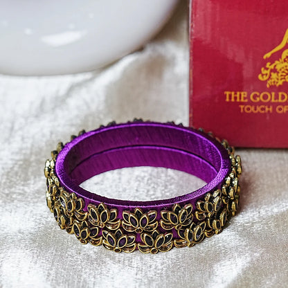 Handcrafted Silk Thread Kada Bangles with Lotus Motif for Women & Girls (Pack of 2)