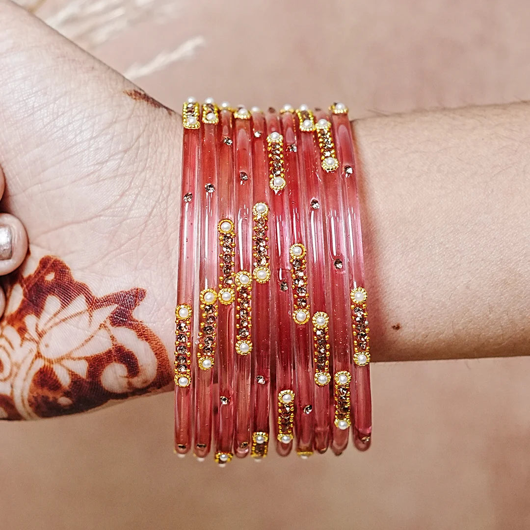 Premium Glass Bangles for Women | Zircon & Beads Work | Glossy Finish (Pack of 12)