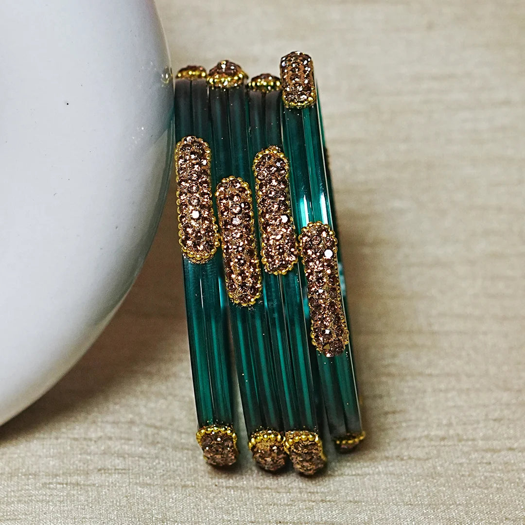 Glossy Finish Designer Glass Kada Bangles with Beads & Stone Work (Pack of 4)