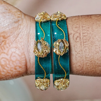 Traditional Flower Design Kundan Work Glass Kada for Women & Girls (Pack of 2)