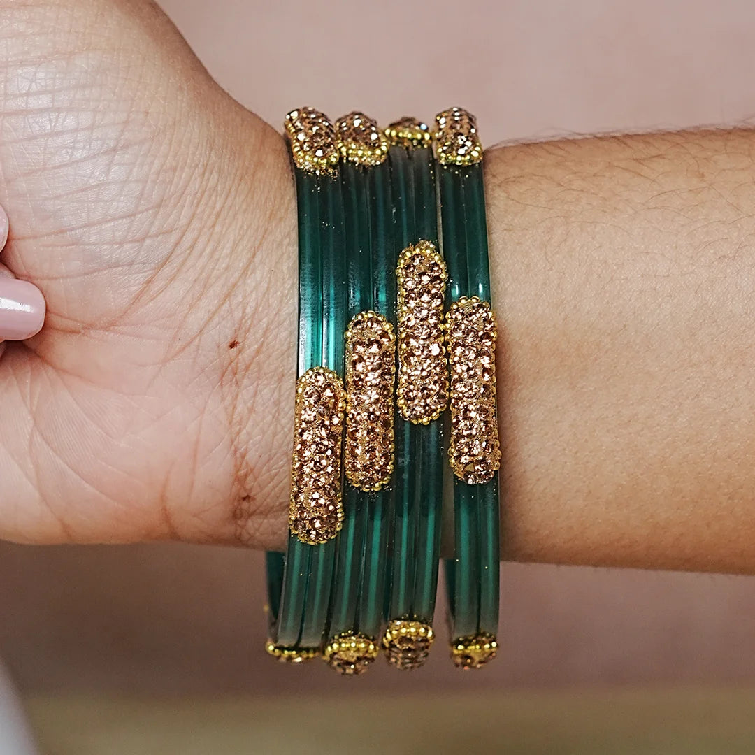 Glossy Finish Designer Glass Kada Bangles with Beads & Stone Work (Pack of 4)