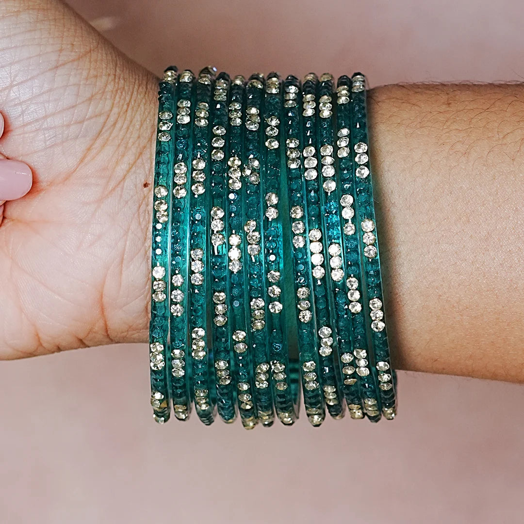 Traditional Indian Glass Bangles for Women with Stone Work (Pack of 12)
